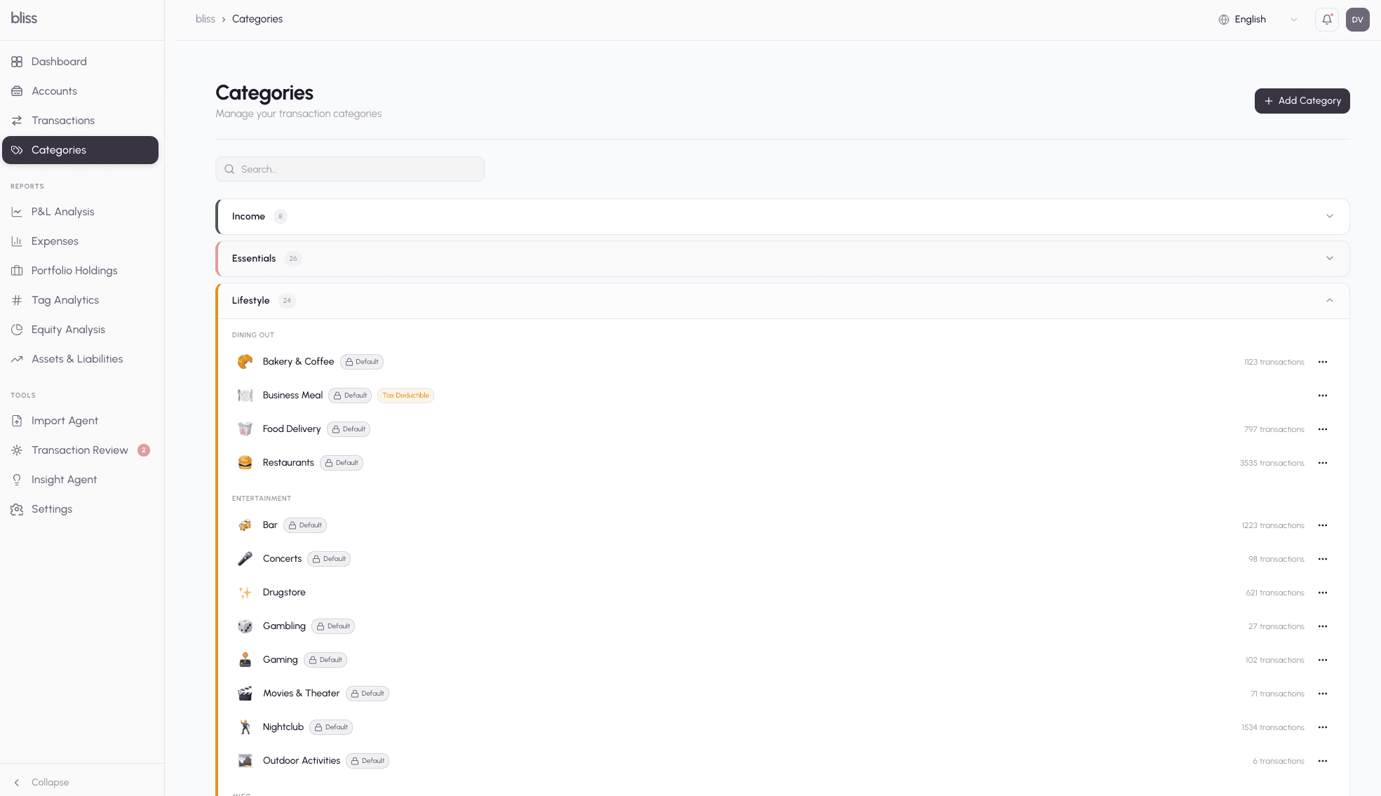 Categories page