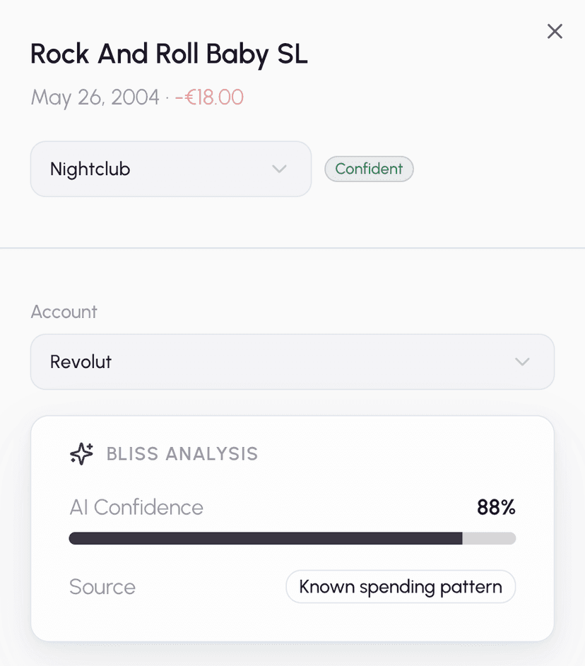 Transaction review showing AI classification with confidence scoring