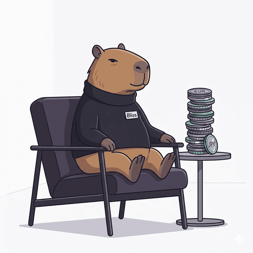 Bliss capybara mascot in a turtleneck, seated in a mid-century chair beside currency coins